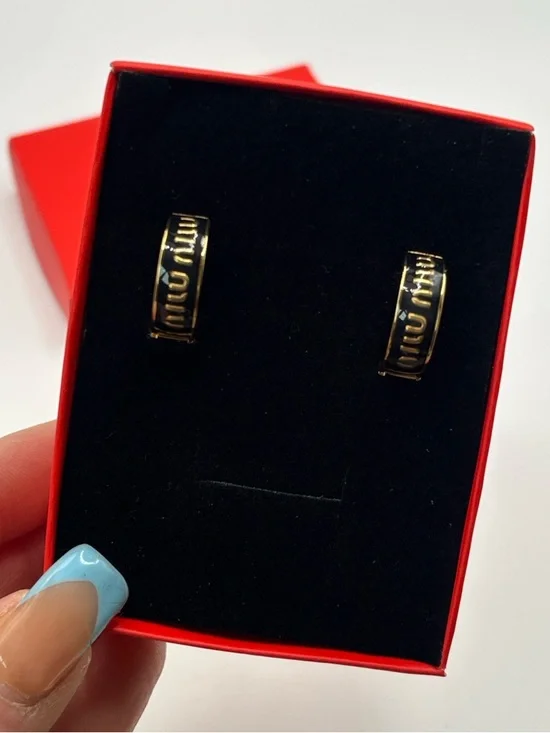 Luxury Designer Gold Tone Small Hoop Earrings Black Enamel Polished Logo Accent - Picture 3 of 15